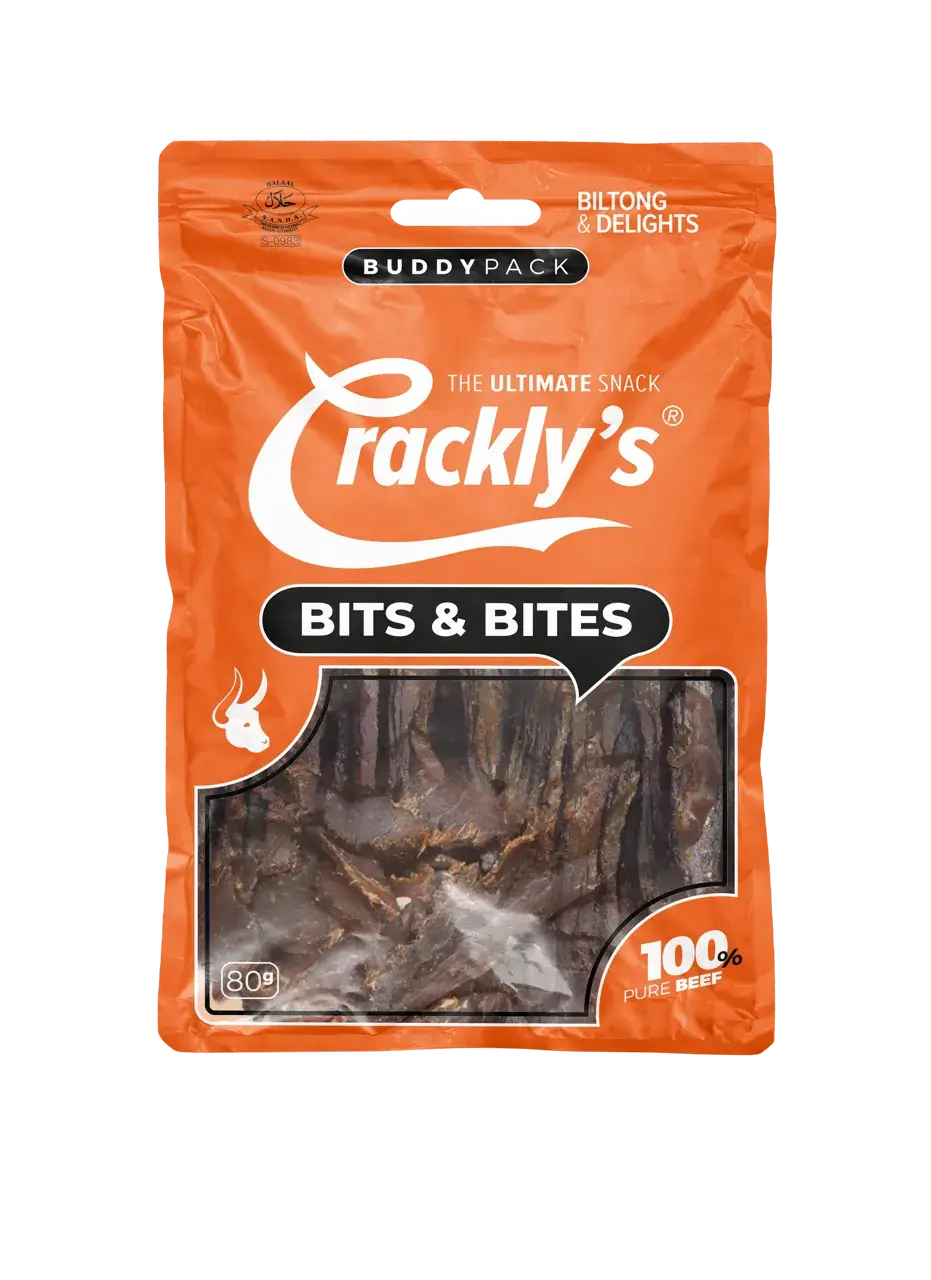 Crackly's Bits & Bites 80g (10 pack) - Our bits & bites biltong mix is a collection of sticks, sliced and wors cuts that offer a satisfying experience, with a balanced flavour.