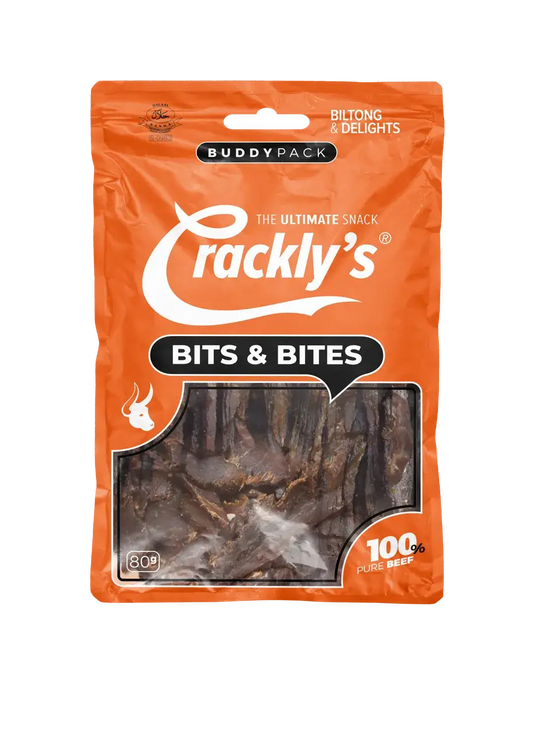 Crackly's Bits & Bites 80g (10 pack) - Our bits & bites biltong mix is a collection of sticks, sliced and wors cuts that offer a satisfying experience, with a balanced flavour.