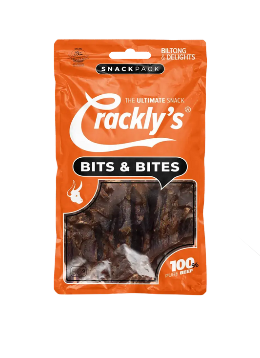 Crackly's Bits & Bites 50g (10 pack) - Our bits & bites biltong mix is a collection of sticks, sliced and wors cuts that offer a satisfying experience, with a balanced flavour.