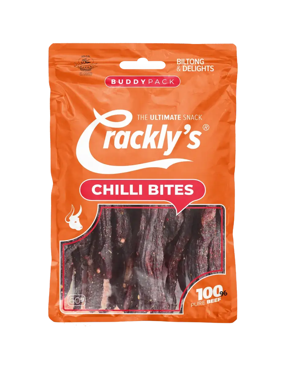 Crackly's Chili Bites 60g (10 pack) - Our chili bites biltong offers a spicy punch that's not too fierce. This is our crown jewel, the mother of all biltong, the Binge King!