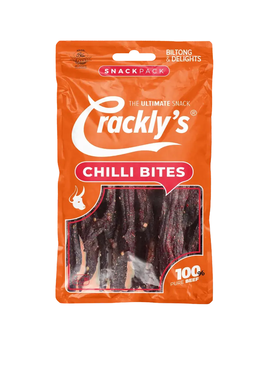 Crackly's Chili Bites 40g (10 pack) - Our chili bites biltong offers a spicy punch that's not too fierce. This is our crown jewel, the mother of all biltong, the Binge King!