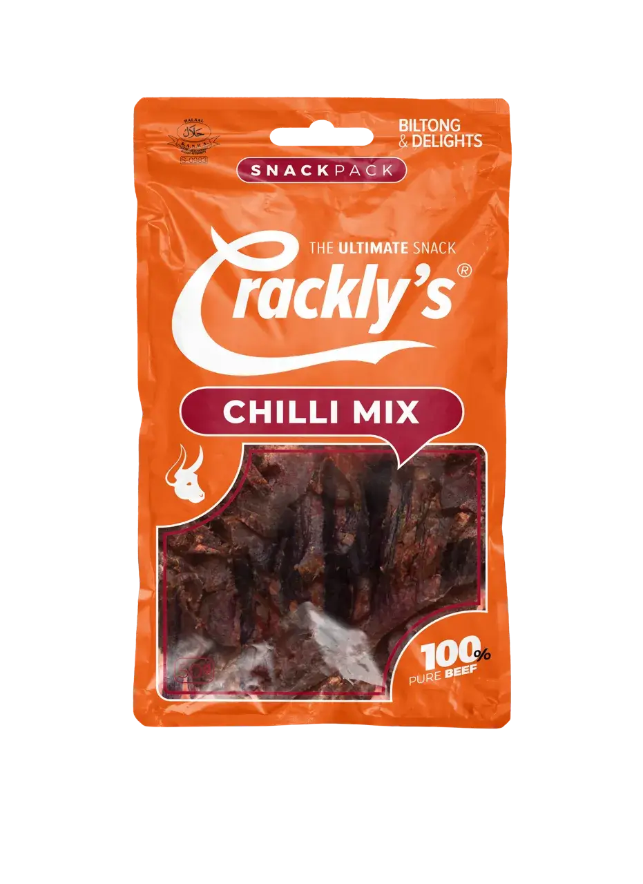 Crackly's Chili Mix 50g (10 pack) - Our chili mix biltong is a collection of chili flavoured sticks, sliced and wors cuts that offer a satisfying experience, with a balanced flavour.