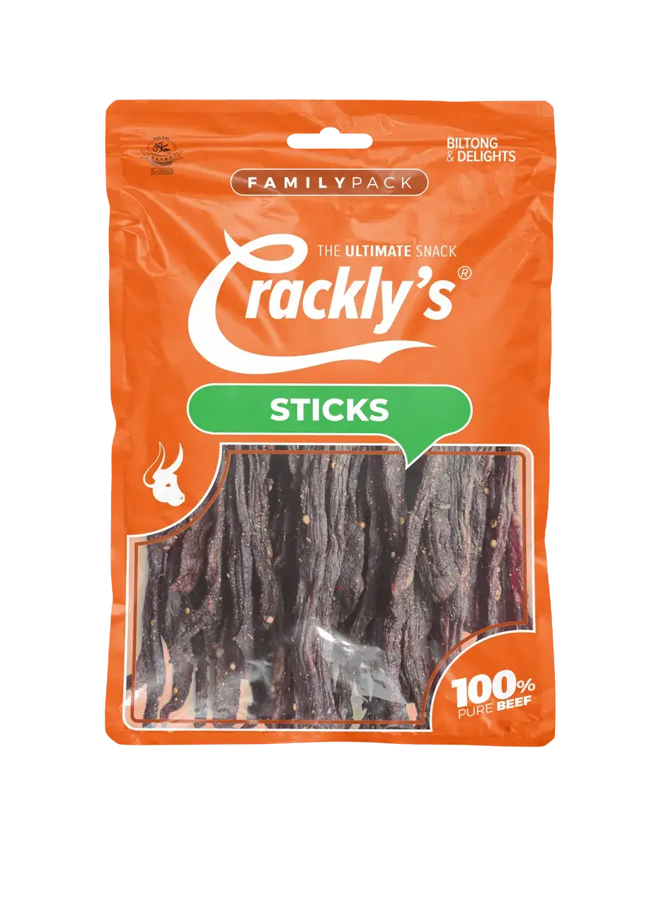 Crackly's Biltong Sticks 150g (5 pack) - Our biltong sticks offers a satisfying experience, with a balanced flavour that marinades for 2 days in our Binge-Brine, packed with traditional goodness!