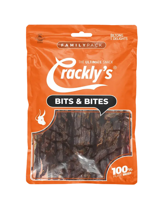 Crackly's Bits & Bites 180g (5 pack) - Our bits & bites biltong mix is a collection of sticks, sliced and wors cuts that offer a satisfying experience, with a balanced flavour.