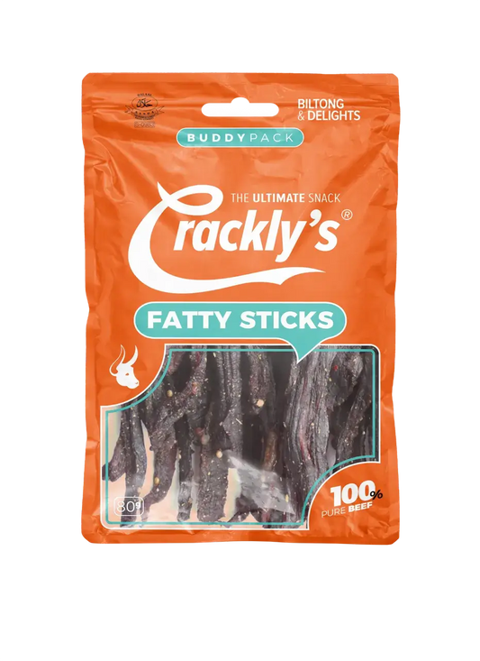Crackly's Fatty Sticks 60g (10 pack) - Our biltong sticks offers a satisfying experience, with a balanced flavour. It marinades for 2 days in our secret Binge-Brine.