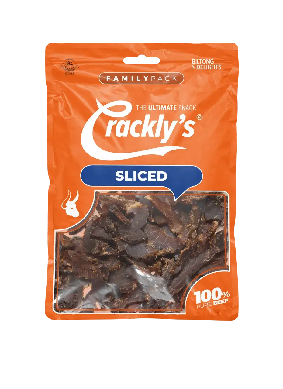 Crackly's Sliced Biltong 180g (5 pack) - Our sliced biltong offers a powerful flavour, with a balanced acidity. It marinades for 2 days in our Binge-Brine, packed with goodness for you to binge on!