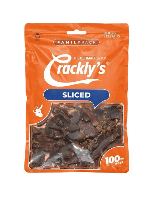 Crackly's Sliced Biltong 180g (5 pack) - Our sliced biltong offers a powerful flavour, with a balanced acidity. It marinades for 2 days in our Binge-Brine, packed with goodness for you to binge on!