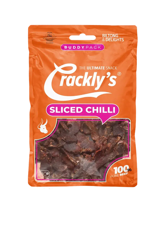 Crackly's Sliced Chili 80g (10 pack) - Our sliced chili biltong offers a spicy punch that's not fierce. It marinades for 2 days in our secret Binge-Brine.