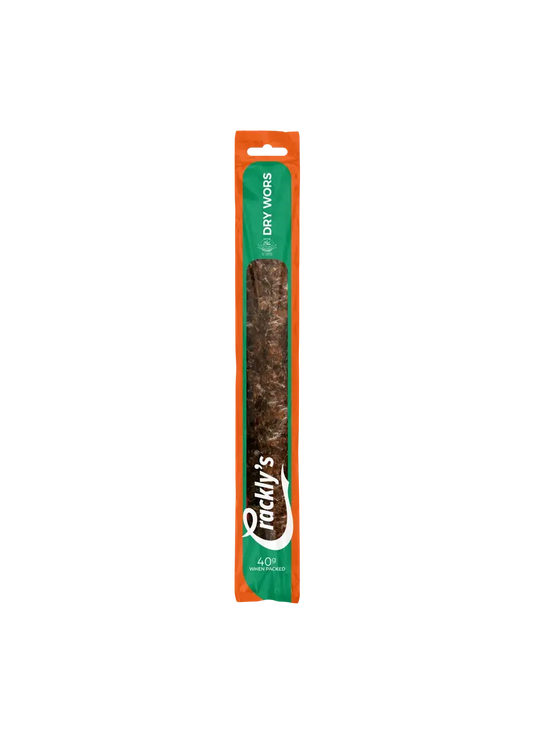 Crackly's Dry Wors Stick 40g (15 pack) - Our Dry Wors is made entirely from beef with all the great flavour Dry Wors has to offer. It marinades for 2 days in our secret Binge-Brine.