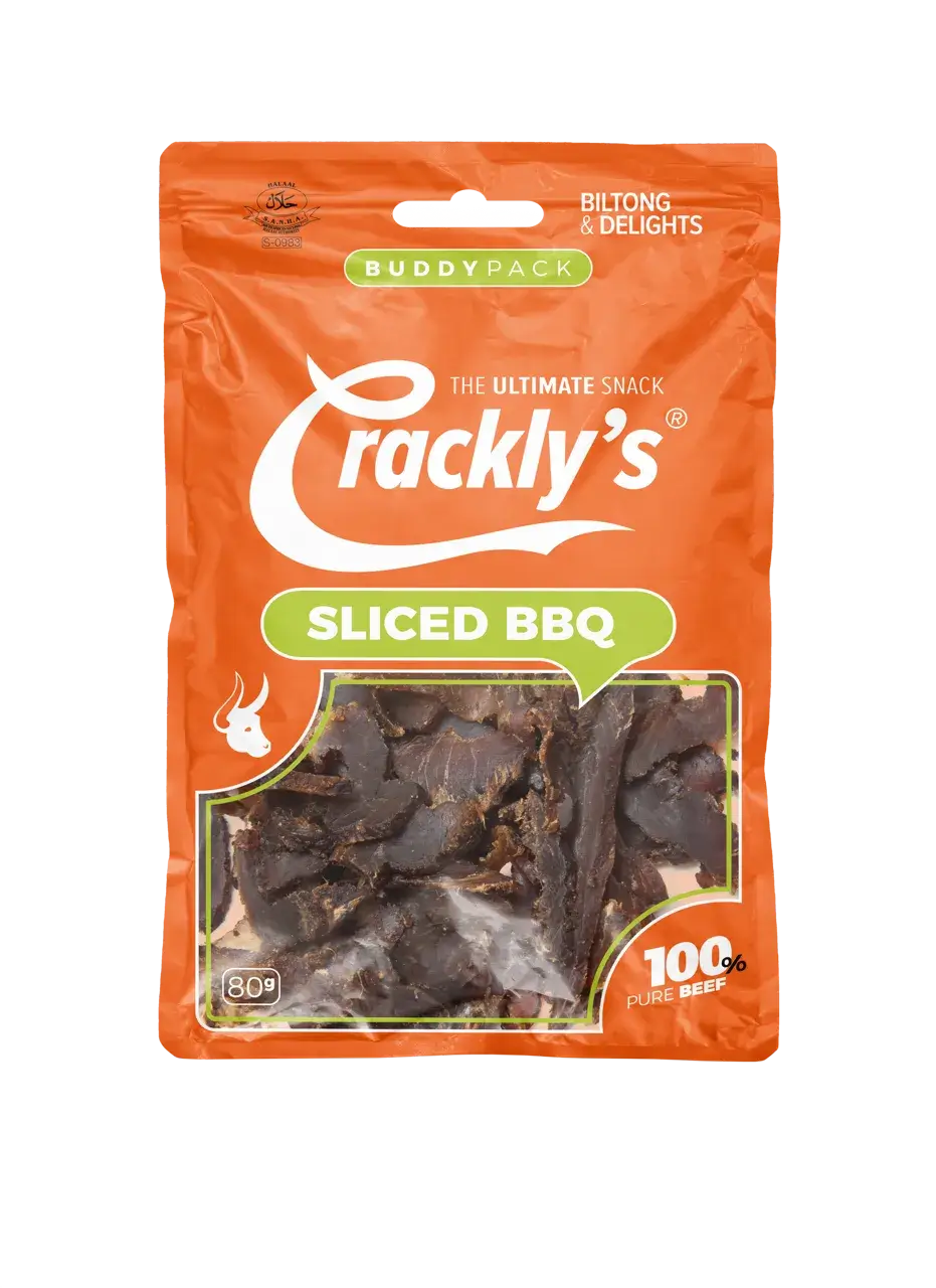 Crackly's Sliced BBQ 80g (10 pack) - Our sliced BBQ biltong offers a spicy punch that's not fierce. It marinades for 2 days in our secret Binge-Brine, packed with traditional goodness.