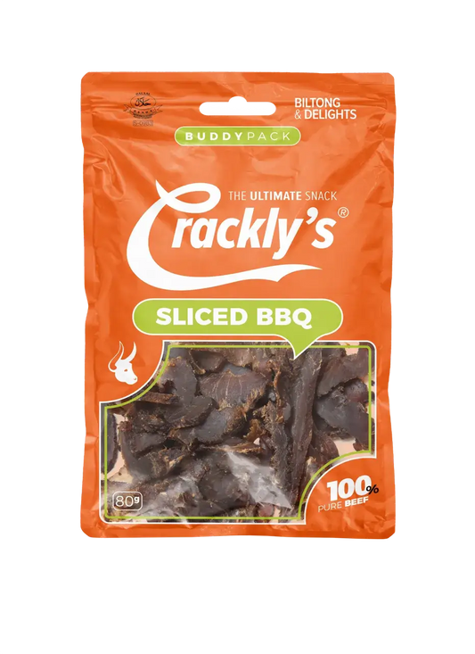 Crackly's Sliced BBQ 80g (10 pack) - Our sliced BBQ biltong offers a spicy punch that's not fierce. It marinades for 2 days in our secret Binge-Brine, packed with traditional goodness.