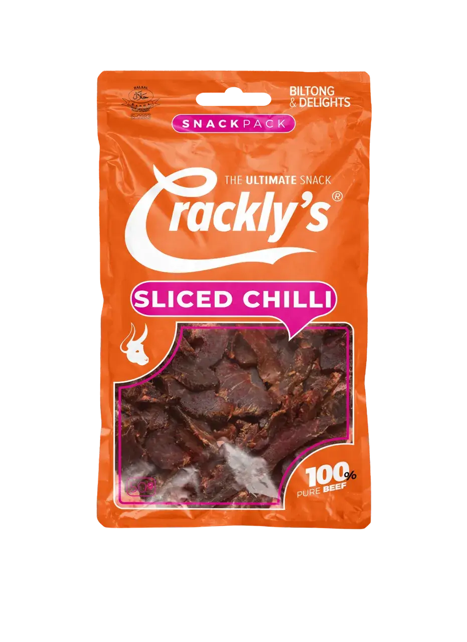 Crackly's Sliced Chili 50g (10 pack) - Our sliced chili biltong offers a spicy punch that's not fierce. It marinades for 2 days in our secret Binge-Brine, packed with traditional goodness.