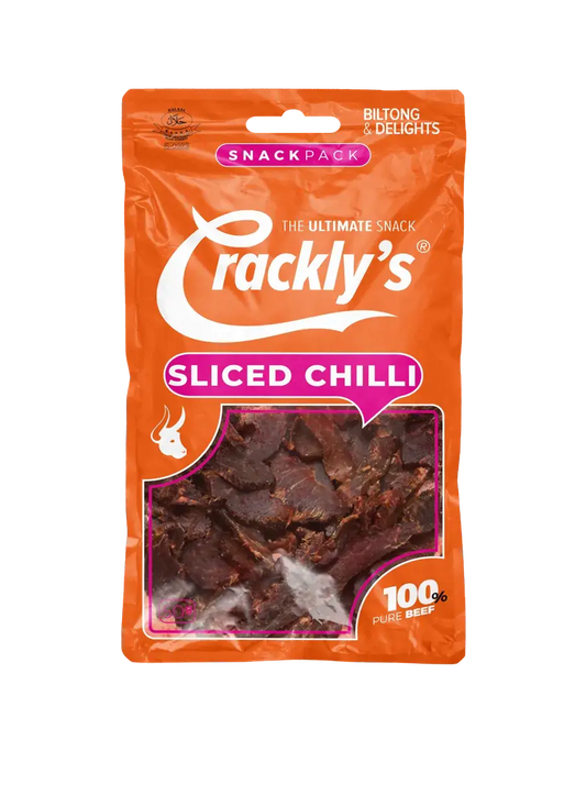 Crackly's Sliced Chili 50g (10 pack) - Our sliced chili biltong offers a spicy punch that's not fierce. It marinades for 2 days in our secret Binge-Brine, packed with traditional goodness.