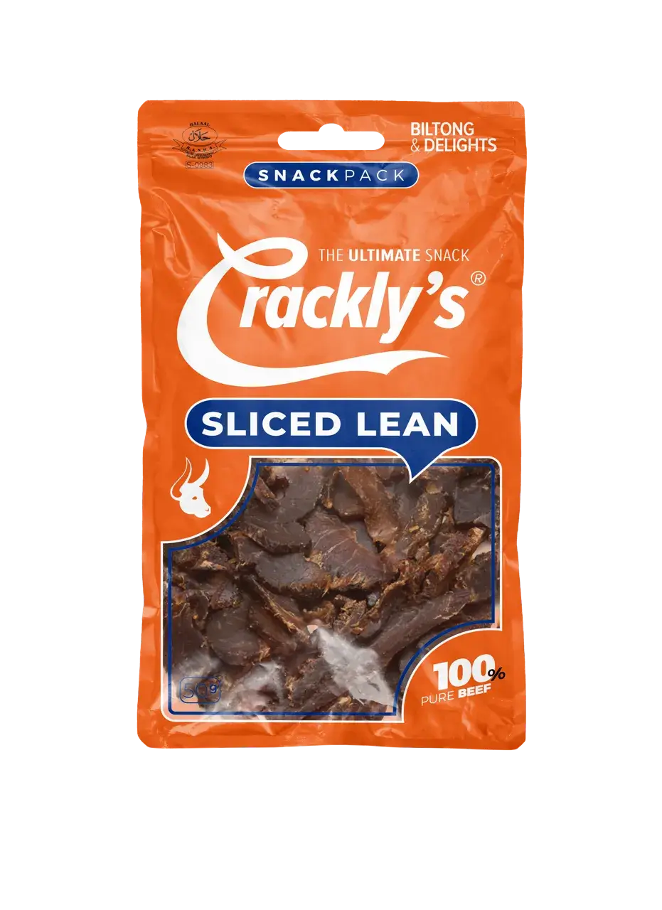 Crackly's Sliced Biltong 50g (10 pack) - Our sliced biltong offers a powerful flavour, with a balanced acidity. It marinades for 2 days in our secret Binge-Brine, packed with traditional goodness.