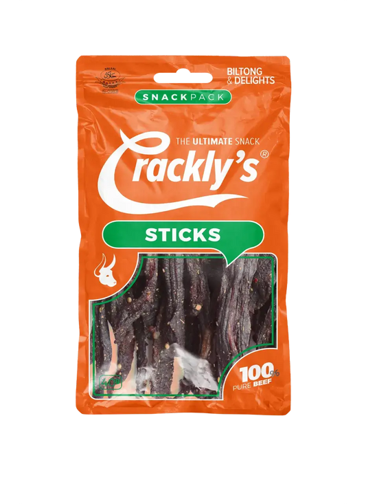 Crackly's Biltong Sticks 40g (10 pack) - Our biltong sticks offers a satisfying experience, with a balanced flavour. It marinades for 2 days in our secret Binge-Brine, packed with traditional goodness.