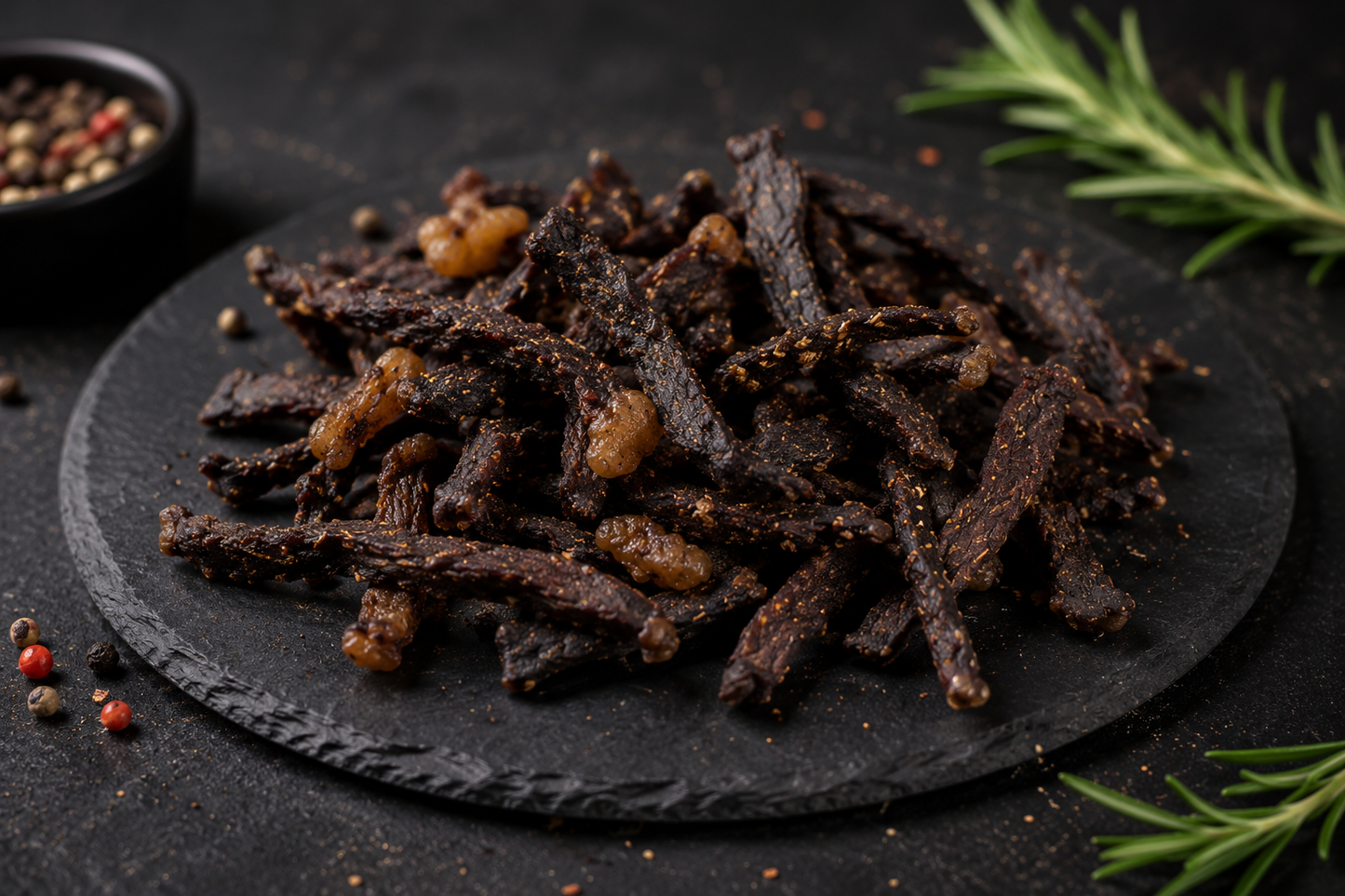 Cracklys chutney sticks on a black slate board with rosemary and peppercorns.