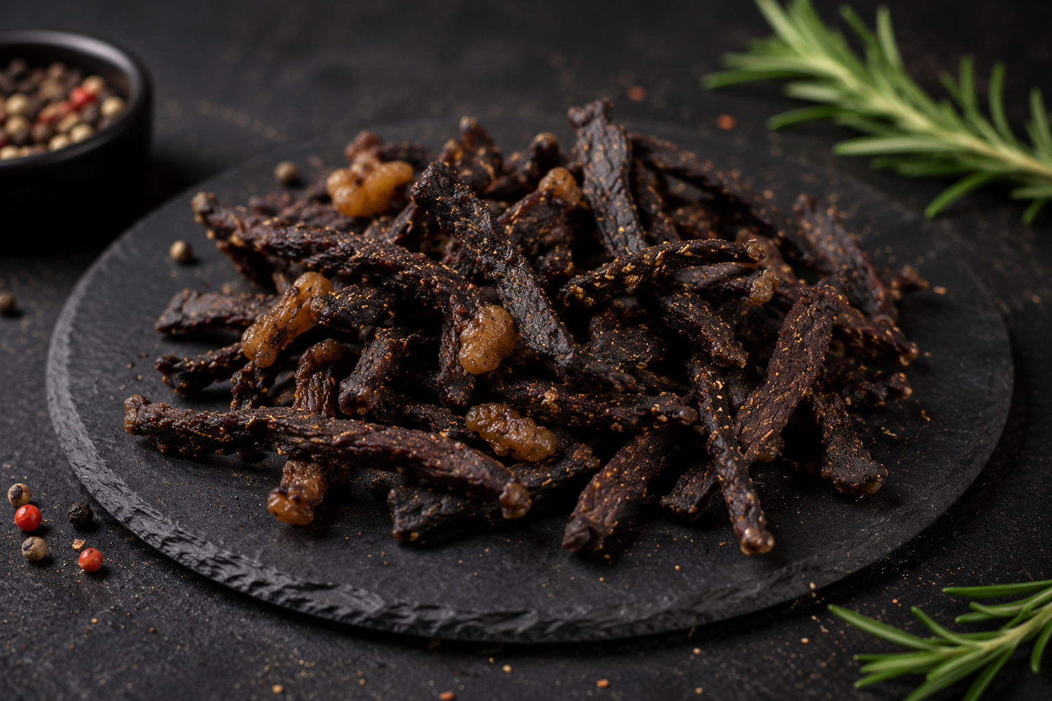 Cracklys chutney sticks on a black slate board with rosemary and peppercorns.
