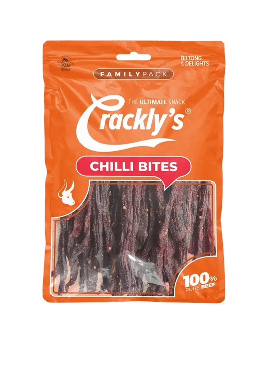 Crackly's Chili Bites 150g (5 pack) - Our chili bites biltong offers a spicy punch that's not too fierce. This is our crown jewel, the mother of all biltong, the Binge King!