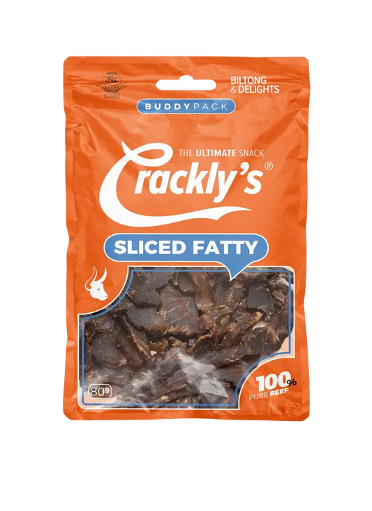 Crackly's Sliced Fatty 80g (10 pack) - Our sliced biltong offers a powerful flavour, with a balanced acidity. It marinades for 2 days in our secret Binge-Brine.