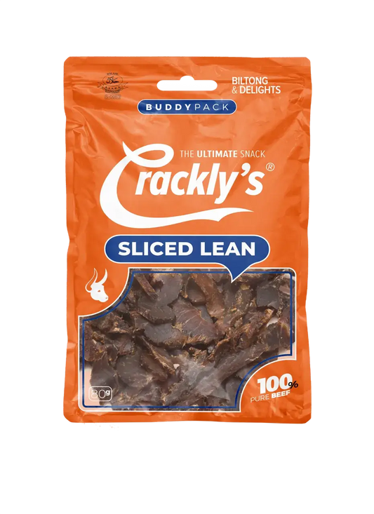 Crackly's Sliced Lean 80g (10 pack) - Our sliced biltong offers a powerful flavour, with a balanced acidity. It marinades for 2 days in our secret Binge-Brine.