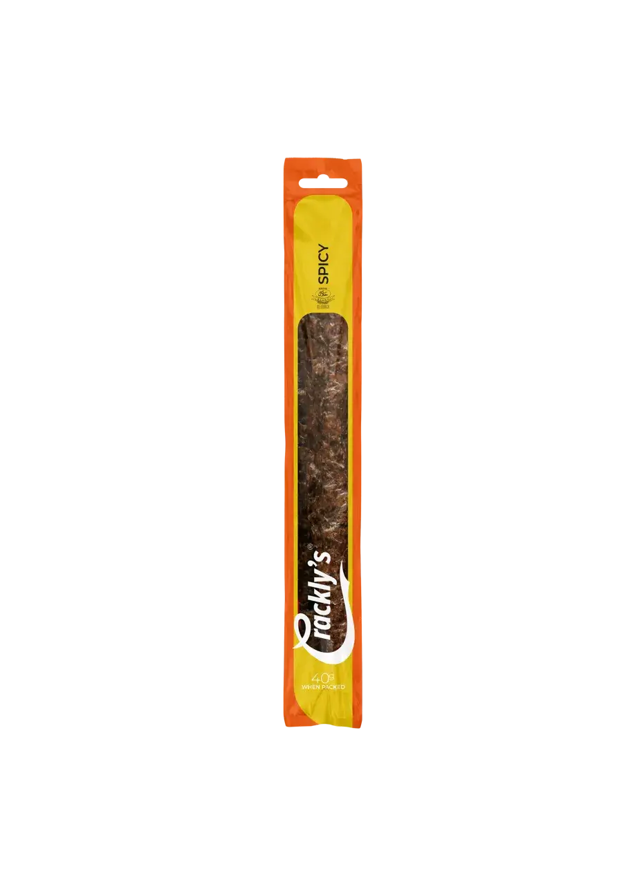Crackly's Spicy Pepper Wors Stick 40g (15 pack) - Our Pepper Wors is made entirely from beef with all the great flavour Pepper has to offer. It marinades for 2 days in our secret Binge-Brine.