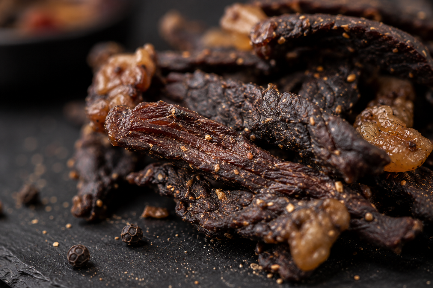 Cracklys chutney sticks on a black slate board with rosemary and peppercorns.